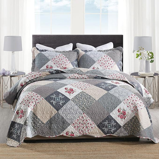 HoneiLife Quilt Set Twin Size - 2 Piece Microfiber Quilts Reversible Bedspreads Patchwork Coverlets Floral Bedding Set All Season Quilts with Geometric and Little Rose Print Pattern，Grey