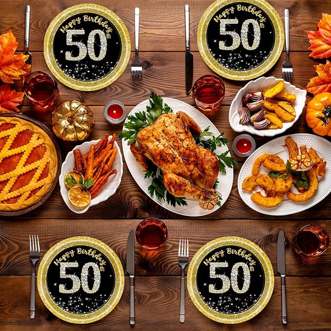 72 Pcs 50th Birthday Paper Plates and Napkins Party Supplies, Back Gold 50th Birthday Party Plates and Napkins Tableware Set for Men Women Cheers to 50 Years Decorations Serves 24