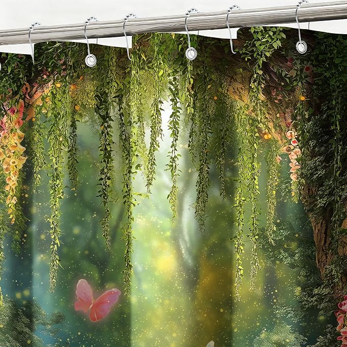 Green Tree Shower Curtain Butterflies Shower Curtains for Bathroom Waterproof Fabric Bath Curtain Decor with Hooks