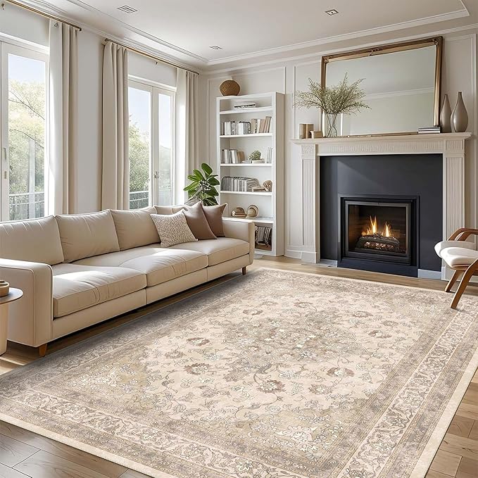 vivorug 8x10 Neutral Area Rugs for Living Room, Non-Slip Backing Washable Rug 8x10, Beige Large Area Rug Soft Carpet for Bedroom Dining Room, Vintage, Easy Clean, Durable, Low Pile Rug Under Table