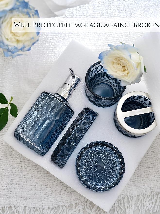 LaMarriti Blue Bathroom Accessories Set, 5Pcs Clear Glass Bathroom Accessories, Hand Soap Dispenser, Soap Dish, Toothbrush Holder Set, Qtips Holder for Crystal Vintage Bath Countertop Decor, Gift Set