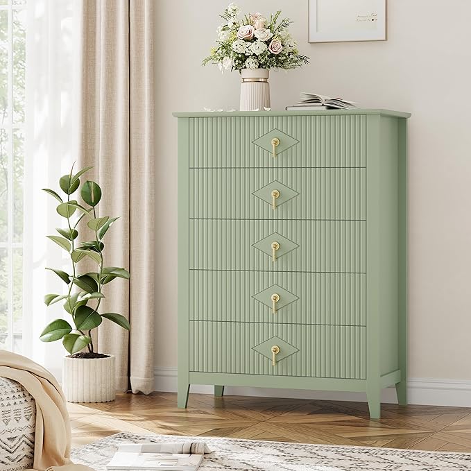 GarveeHome Fluted Dresser for Bedroom, 42.9" Tall 5-Drawer Wood Dresser, Modern Chest of Drawers, Storage Organizer Cabinet for Living Room, Hallway, Entryway, Green