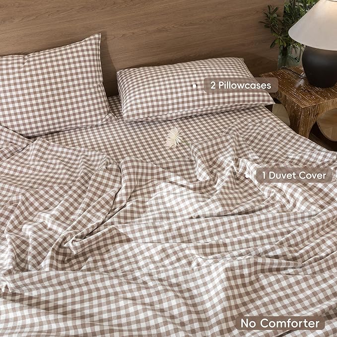 MooMee Gingham Duvet Cover Set 100% Washed Cotton Linen Like Textured Breathable Durable Soft Comfy Modern Checkered Design (Brown Gingham, Palatial King/Oversized King 120"x98")