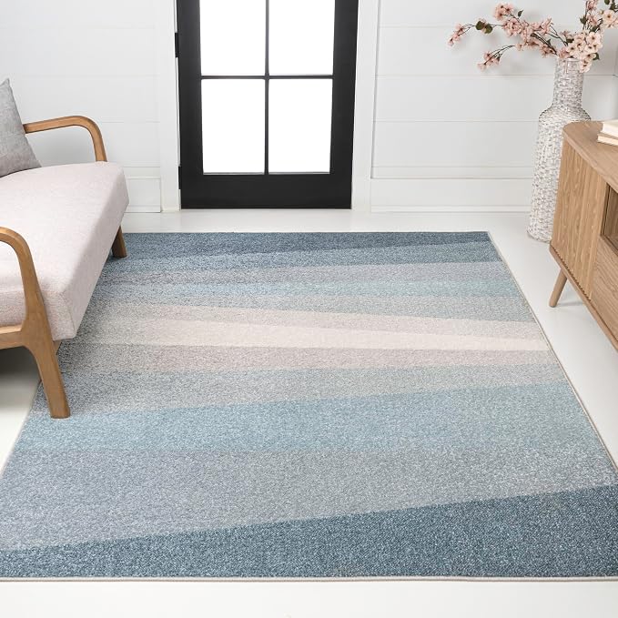 JONATHAN Y Prism Geometric Striped Indoor Area Rug 4x6, Blue/Cream/Gray, Modern, Coastal, Easy-Cleaning for Living Room, Bedroom, Kitchen, Pet Friendly, Non-Shedding (DZC101D-4)