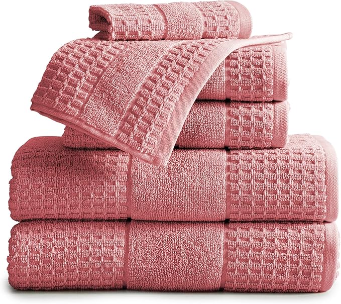 Market & Place 100% Cotton Super Soft Luxury Towel Set | Quick-Dry and Highly Absorbent | Waffle Textured | 550 GSM | 2 Bath Towels, 2 Hand Towels, & 2 Washcloths | Harper Collection (Rose)