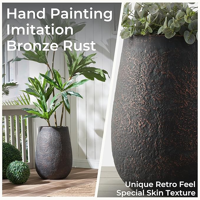 Wallowa 20" H Weathered Concrete Tall Planter, Black Large Outdoor Indoor Decorative Flower Pot with Drainage Hole, Modern Round Style for Home, Garden, Patio, Courtyard, Bronze Rust with Green Tone