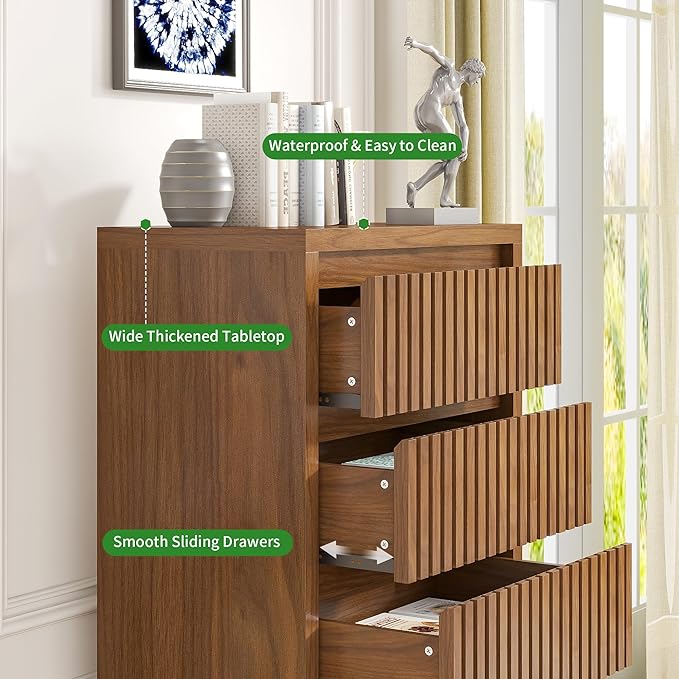 Fluted Tall 5 Drawer Dresser, Mid Century Dresser for Bedroom, 45 Inch Wood Chest of Drawers, Modern Closet Clothes Organizer, Walnut Wooden Storage for Living Room, Brown