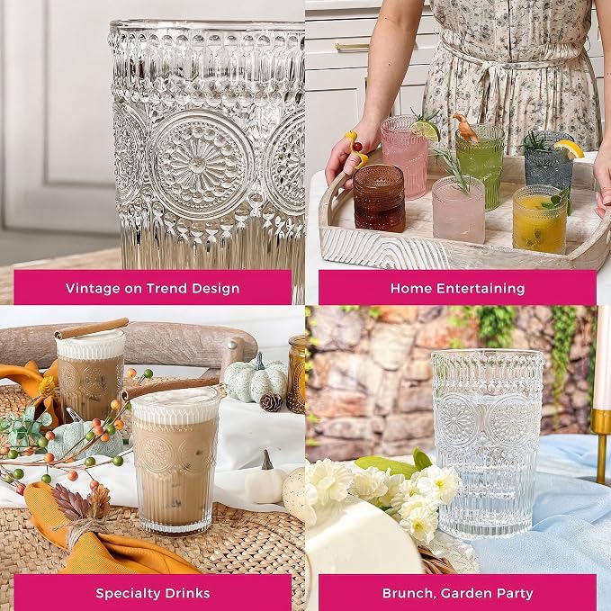 Kate Aspen Vintage Textured Clear Striped Drinking Glasses Set of 6, (13 oz) Ribbed Glassware with Flower Design | Cocktail Set, Glass Cups, Iced Coffee Cup (Pack of 4)