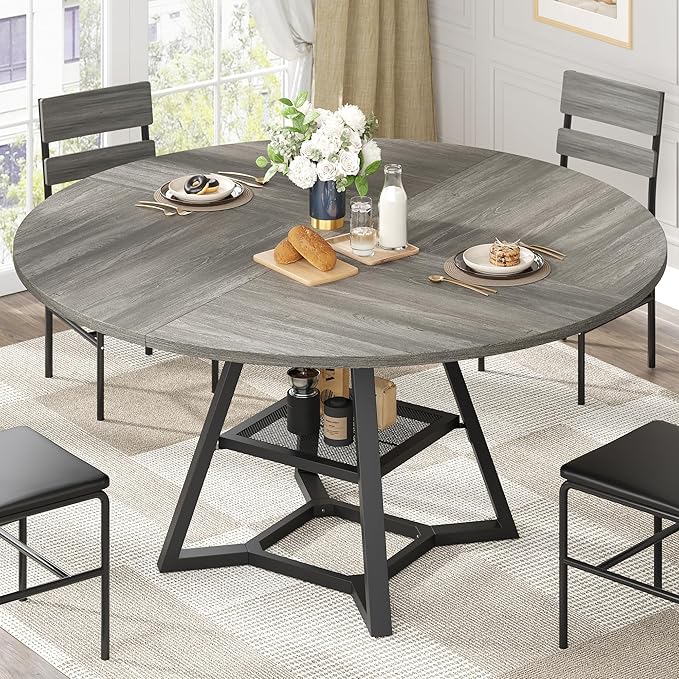 knoworld 51'' Round Dining Table, Kitchen Tables Dining Room Circle Dinner Table with Pedestal Metal Frame, Space Saving Wood Industrial Kitchen & Dining Room Tables, Grey 51In