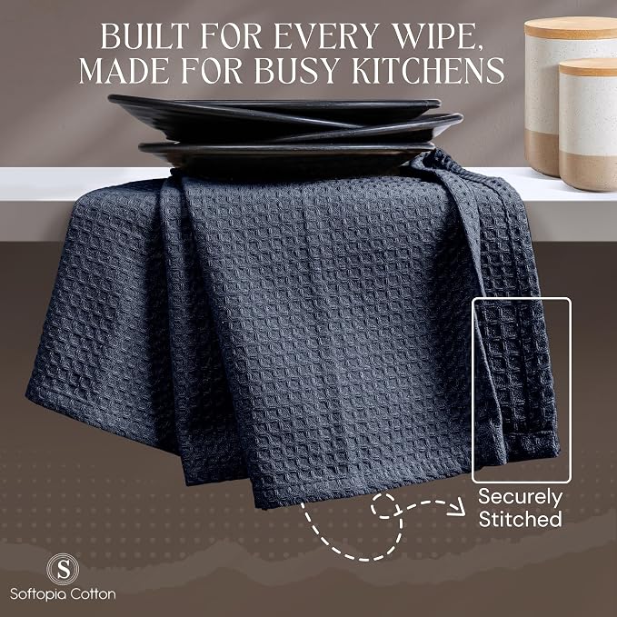 Navy Waffle Kitchen Dish Towels, 100% Cotton, Quick Dry, Super Absorbent, Soft, Lint-Free, 16x26 Inches - Ideal for Dish Drying, Tea, Cleaning, and Everyday Use, 4 Pack, Navy Blue