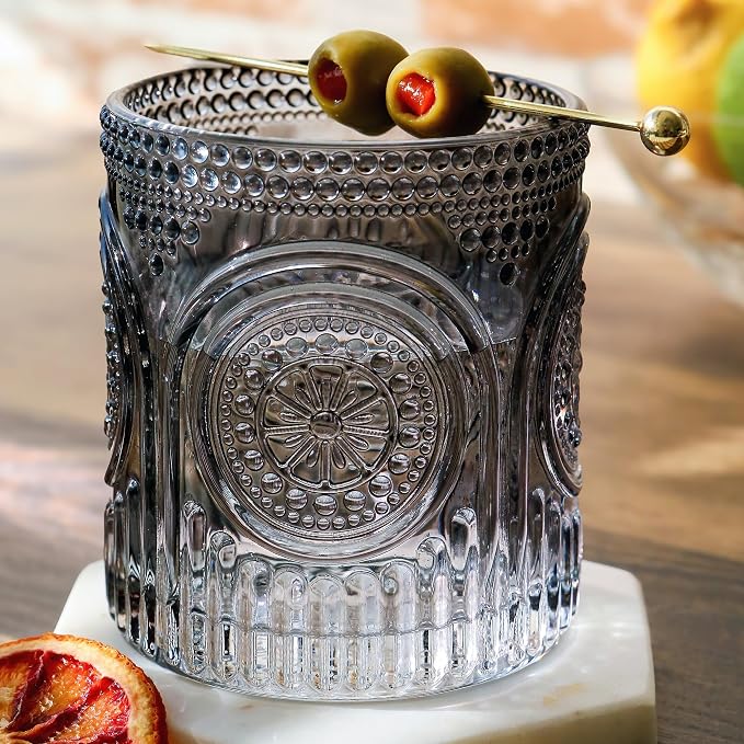 Ribbed Retro Arch Floral Smoke Grey Drinking Glasses Set of 6, (10 oz) Vintage Glassware Set by Kate Aspen| Cocktail Glass Set, Juice Glass, Water Cups | Hostess Gift & Present for New Home Owners