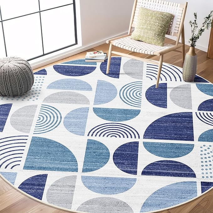MUJOO Round Rugs 6ft,Circle Area Rug Washable,Circular Rugs for Living Room Dining Room,Large Boho Non Slip Throw Floor Carpet Modern Abstract Navy Blue