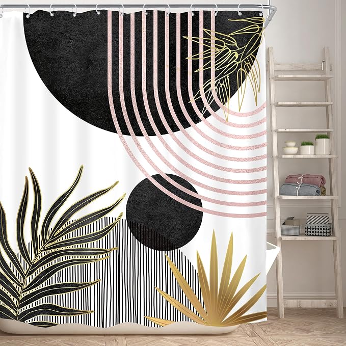 KOMLLEX Mid Century Black Pink Boho Shower Curtain for Bathroom Decor Abstract Modern Sun Minimalist Aesthetic Arch Curve Leaves Geometric Neutral Fabric Waterproof Polyester 12 Pack Hooks 60Wx71L