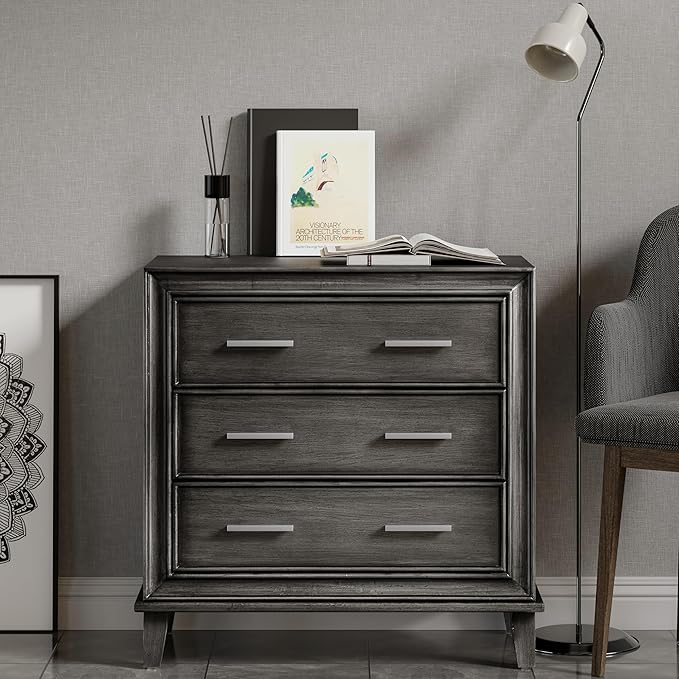 COZAYH Modern 3 Drawer Nightstand, Wood Dresser with Metal Handles, Vintage Accent Bedside Table Storage Chest, Mid-Century Cabinet, Sturdy Bedroom Organizer, Dark Finish, Fully Assembled, Black