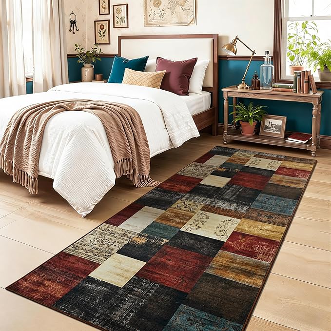 Tepook Modern Runner Rug for Living Room, 2x6 Washable Rugs for Bedroom Hallway, Geometric Patchwork Runner Rug Non-Slip Indoor Throw Carpet for Entryway Kitchen Office Home Decor, Multi