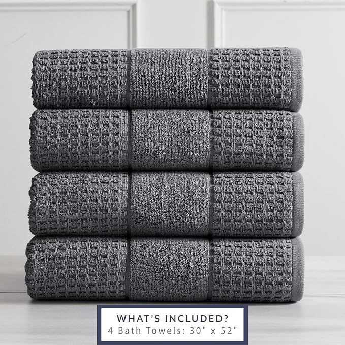 Market & Place 100% Cotton Super Soft Luxury Bath Towel Set | Quick-Dry and Highly Absorbent | Waffle Textured | 550 GSM | Includes 4 Bath Towels | Harper Collection (Dark Grey)