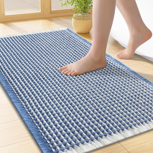Smiry Waffle Bath Mat 24x16, Extra Soft Absorbent Bathroom Rugs, Non Slip Machine Washable Quick Dry Bath Rugs for Bathroom Floor, Tub, Shower, Home Decor Accessories, Blue & Cream