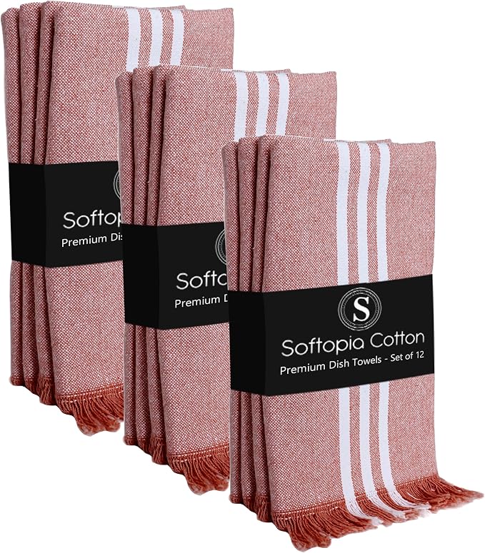 Stripe Kitchen Dish Towels 12 Pack, 16x26 Inches, Quick Drying Cloths, 100% Cotton, Absorbent Wash Rags, Washable and Reusable, Cleaning Towels for Dishes, Everyday Drying Use - Rust