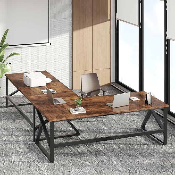 IBF 70 Inch Rustic Brown Desk, Industrial Large Metal Wood Double Computer Desk, Long Home Office Desks Table for 2 People Executive Work Writing Study Gaming, Farmhouse Big Two Person Desk in Bedroom