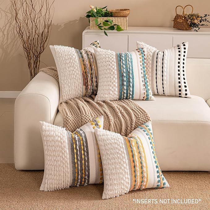 KOOLIFE Boho Chenille Tufted Couch Throw Pillow Covers 18x18 Inch Set of 2 Farmhouse Striped Decorative Pillow Covers Accent Neutral Pillowcase Teal Cushion Cover for Living Room Sofa Bed