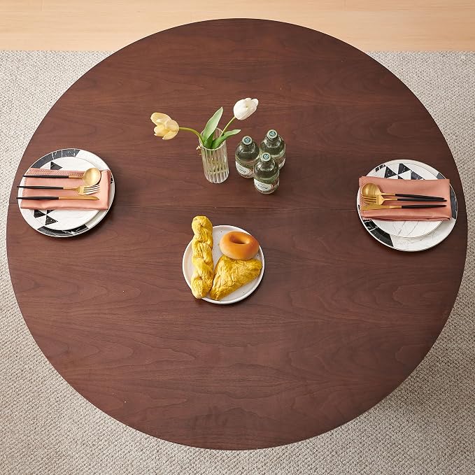 Homedot 47" Round Dining Room Table Walnut Wood Veneer Tabletop, Farmhouse Dinner Table with Two-Part Tabletop for 4-6, Rustic Circle Dining Table with MDF Strip Base for Kitchen Living Room