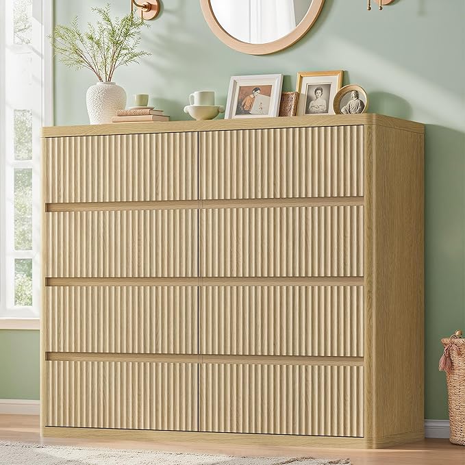 8 Drawer Dresser, Modern Fluted Dressers & Chest of Drawers for Bedroom, 48" Wide Dresser TV Stand with Deep Drawer, Curved Wood Organizer for Bedroom, Living Room, Hallway, Natural