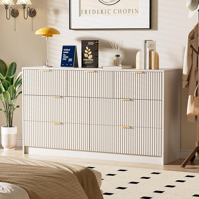 Beige Dresser for Bedroom, Modern Dresser with 7 Drawers and Smooth Slides, Wide Chest of Drawers with Golden Handles for Bedroom, Living Room, Closet, 15.7" D x 55.1" W x 31.4" H