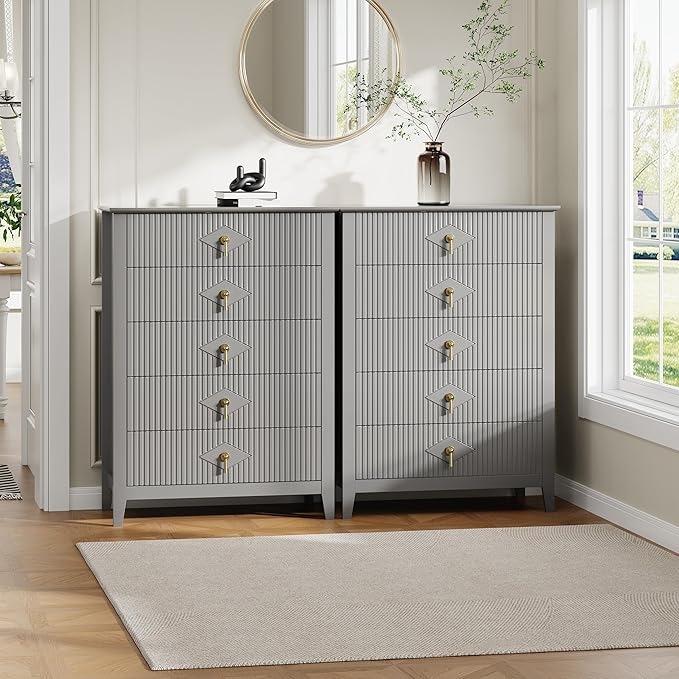 GarveeHome Fluted Dresser for Bedroom, 42.9" Tall 5-Drawer Wood Dresser, Modern Chest of Drawers, Storage Organizer Cabinet for Living Room, Hallway, Entryway, Grey