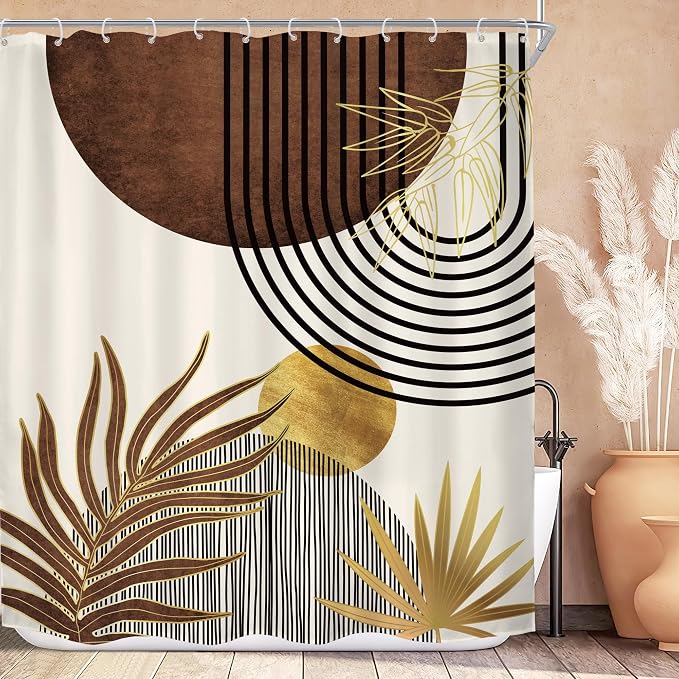 KOMLLEX Mid Century Brown Boho Shower Curtain for Bathroom Decor 72Wx84H Inches Abstract Modern Beige Gold Minimalist Bohemian Geometric Simple Fabric Waterproof Polyester 12 Pack Hooks Pack Hooks