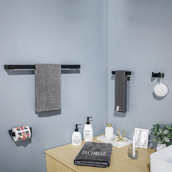 4 Pieces Bathroom Hardware Accessories Set Black Towel Bar Towel Holder Robe Hook Toilet Paper Holder Stainless Steel,Q8-P4BK