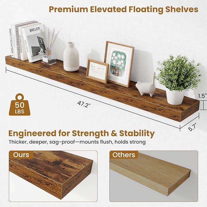 Fun Memories Floating Shelves 48 Inch, Extra Large Wood Shelf Set of 2, Hanging Wall Shelves for Bathroom, Living Room, Kitchen, Bedroom, Rustic Brown