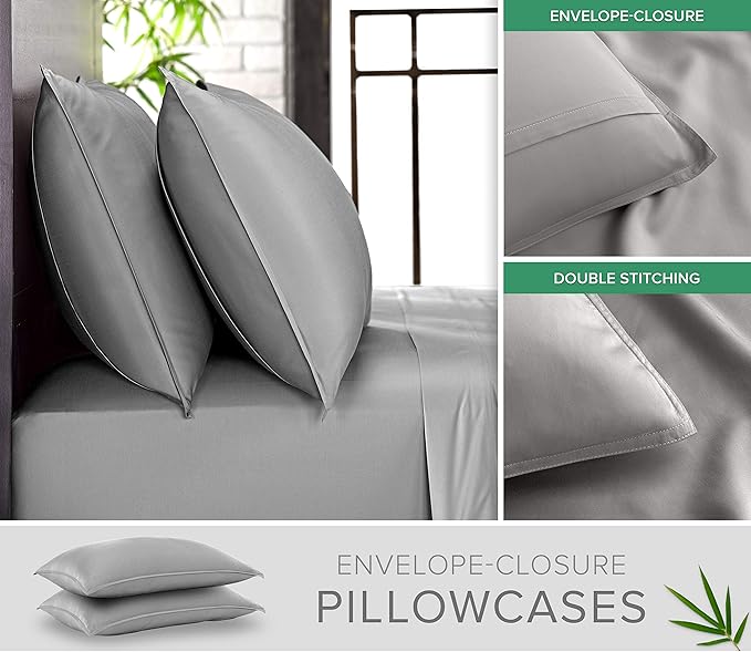 Pure Bamboo Queen Sheets, Genuine 100% Organic Viscose Derived from Bamboo Bed Sheet Set, Luxuriously Soft & Cooling, Double Stitching, 2 Year Quality Promise (Queen, Stone Grey)