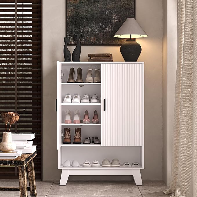 BOXACTION 4-Tier Fluted Shoe Cabinet with 2 Doors & Open Shelf, Mid Century Modern Shoe Storage Organizer with Adjustable Shelves, Metal Handles & Wood Legs, Hidden Shoe Rack for Entryway, Hallway