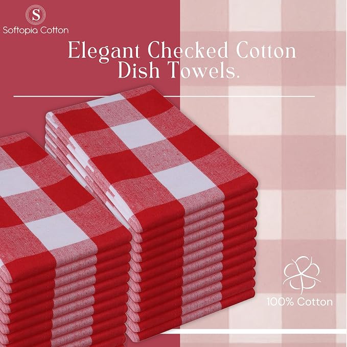 Red Buffalo Plaid Checked Dish Towels 4 Pack, 100% Cotton, 16x26 Inches, Super Absorbent, Quick Drying, Soft, Lint-Free, Durable Tea & Bar Towels with Hanging Loop, Grey and White