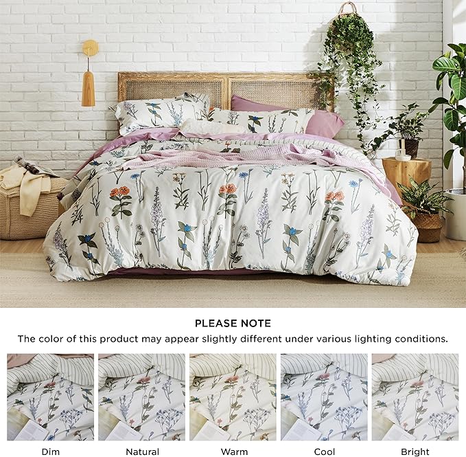 Bedsure Comforter Set Full Size - Cute Floral Bedding Comforter Set, 3 Pieces, 1 Soft Reversible Coconut White Botanical Flowers Comforter and Pillow Shams