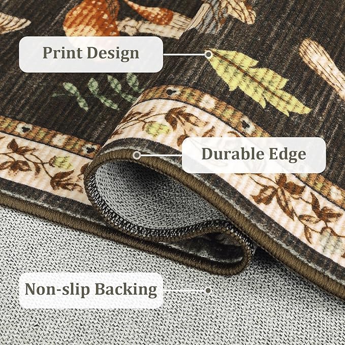 Washable 8x10 Mushroom Floral Rugs for Living Room Low Pile Soft Bedroom Large Accent Carpet Non Slip Non Shedding Nursery Playroom Carpet Mats Boho Vintage Brown Carpets for Dining Apart Dorm, Brown