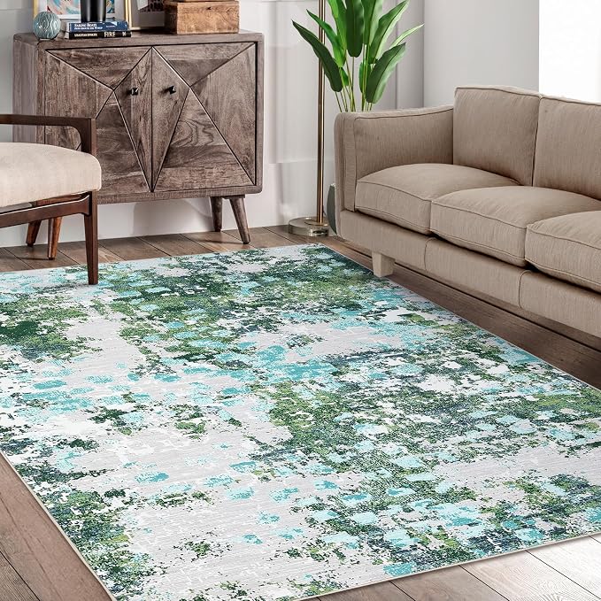 GAOMON 5x7 Rug Boho Chic Abstract Small Rug Machine Washable Colorful Indoor Accent Carpet Non Shedding Living Room Rug Non Slip Low Pile Modern Carpet Mat for Office Kitchen, Green/Turquoise
