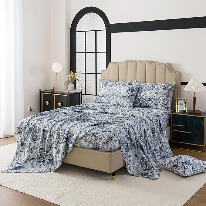 FADFAY Sheets Set Twin XL Botanical Bird Floral Bed Sheets Set Vintage Blue Farmhouse Bedding Shabby Branches Bedding Collections 100% Egyptian Cotton Breathable Soft Deep Pocket 4Pcs, Twin XL Size