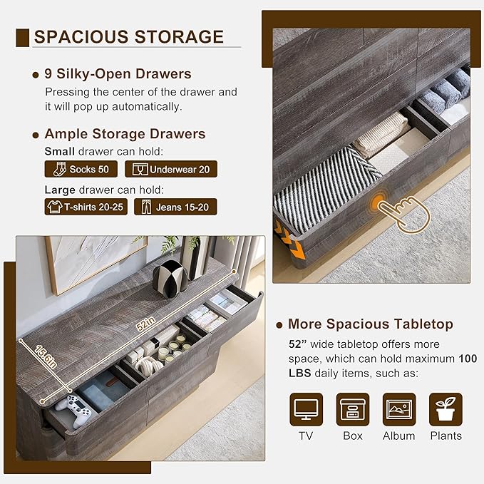 ACCOHOHO Modern 9 Drawer Dresser for Bedroom, 52" Wide Wooden Dressers with Large Storage,Handleless Chest of Drawers TV Stand for Living Room & Hallway, Curved Profile Design, Grey