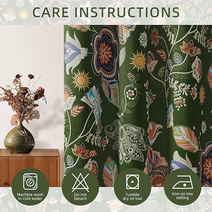 XiDi Green Floral Curtains 102 Inches Long 2 Panels Vintage Patterned Blackout Curtains for Living Room Thermal Insulated Grommet Luxury Cottage Core Botanical Printed Drapes Moss Green 52x102