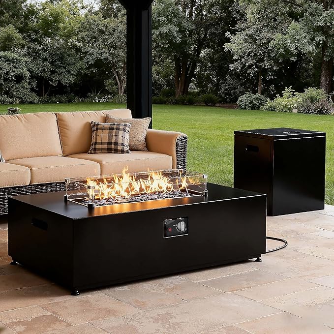Aeeiua 42" Propane Fire Pit Table Set with Tank Holder, Rectangle 2-Piece Outdoor Firepit Wind Guard, Lid, Glass Stones and Cover