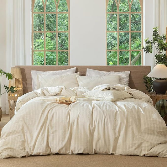 MooMee Striped Duvet Cover Set 100% Washed Cotton Linen Like Textured Breathable Durable Soft Comfy (Almond Milk Grey White Wide Stripes, Super King 108"x98")