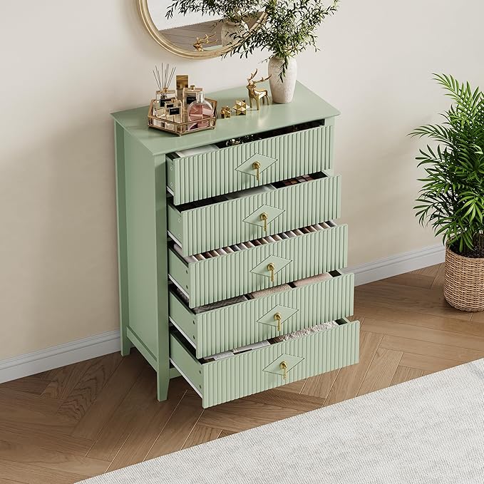 GarveeHome Fluted Dresser for Bedroom, 42.9" Tall 5-Drawer Wood Dresser, Modern Chest of Drawers, Storage Organizer Cabinet for Living Room, Hallway, Entryway, Green