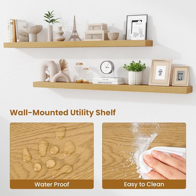 Fun Memories 55 Inch Floating Shelves Bedroom, Large Extra Floating Shelf Set of 2 with Invisible Brackets, Oak