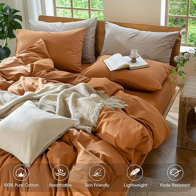 MooMee Bedding Duvet Cover Set 100% Washed Cotton Linen Like Textured Breathable Durable Soft Comfy (Solid Burnt Orange, Super King 108"x98")