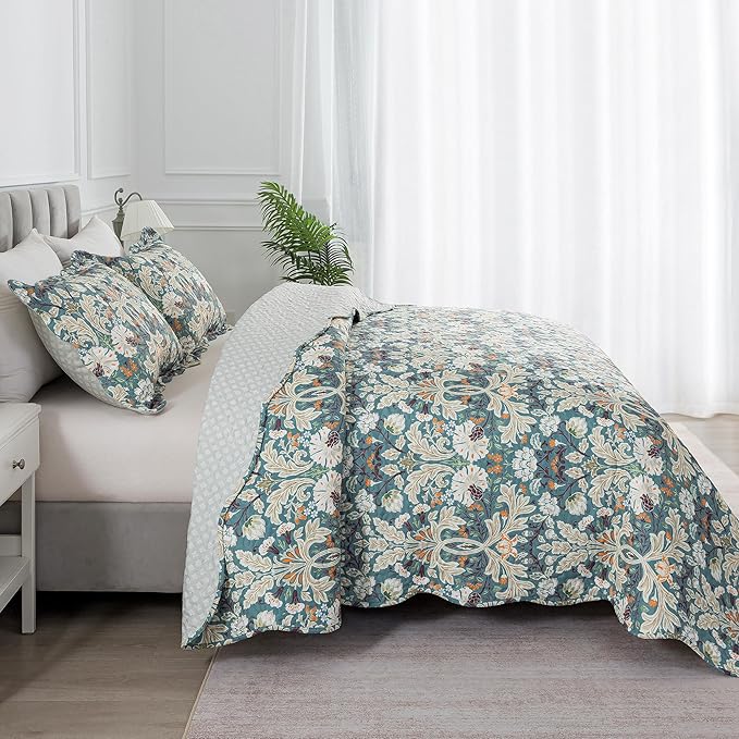 HoneiLife Queen Quilt Bedding Set - Microfiber Quilt Sets for Queen Bed, 3-Piece Lightweight Bedspreads,Reversible Coverlets Rustic Bed Cover, Floral Bedding Set All Season Quilts-Grayish Green