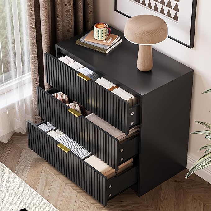3-Piece Dresser Bedroom Set, 7 Drawer Dresser & 3 Drawer Nightstands with Gold Handles, Fluted Wood Chest of Drawers for Bedroom, Living Room, Entryway, Black