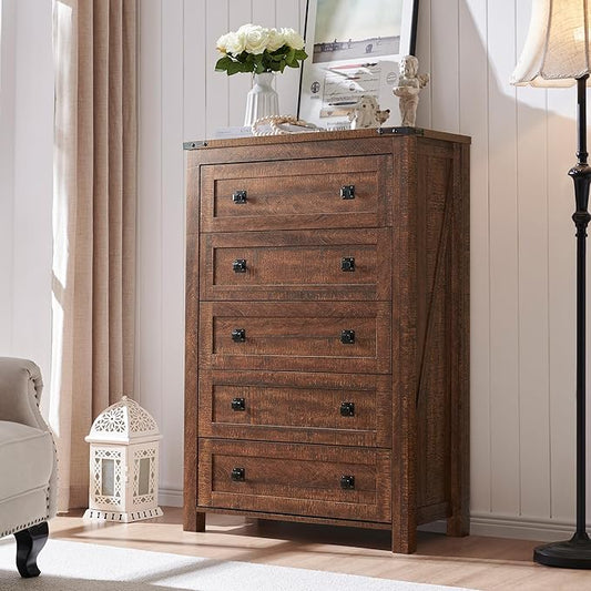 RedLemon Farmhouse 5 Drawer Dresser, 48" Tall Rustic Chest of Drawers, Wood Dresser for Bedroom, Living Room, Hallway, Reclaimed Barnwood Color