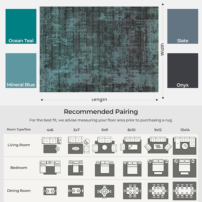Kokia Abstract Area Rugs 9x12 Bedroom Washable Decor Low Pile Non-Slip Non-Shedding Indoor Deep Teal Carpet Foldable Stain Resistant Floor Mat Living Room Dining Room, Ocean Teal