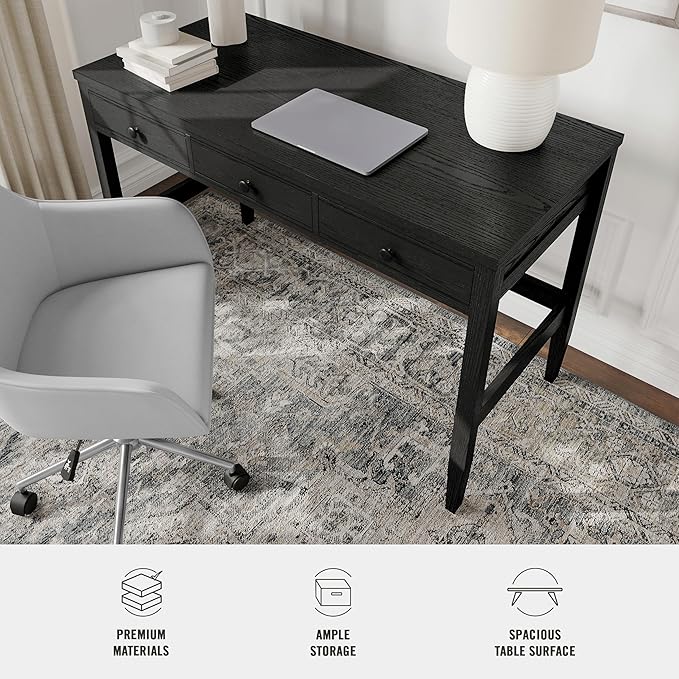 Martha Stewart Rhett Home Office Desk with 3 Drawers and Tapered Legs in Black with Oil Rubbed Bronze Hardware